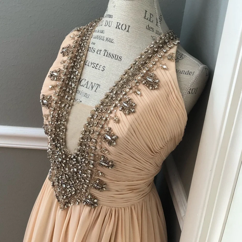 NEW COLORS SZ 12 NUDE JEWELED CHIFFON HALTER FORMAL EVENING GOWN